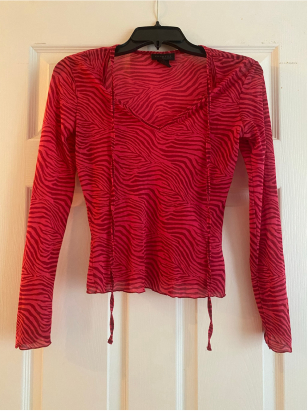 Women's Express Long Sleeve Mesh Top Size S Red Pink Zebra Print